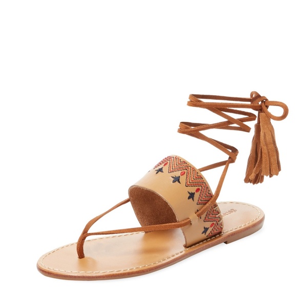 SOLUDOS Embroidered Tan Leather Lace Up Sandals - Picture 3 of 8